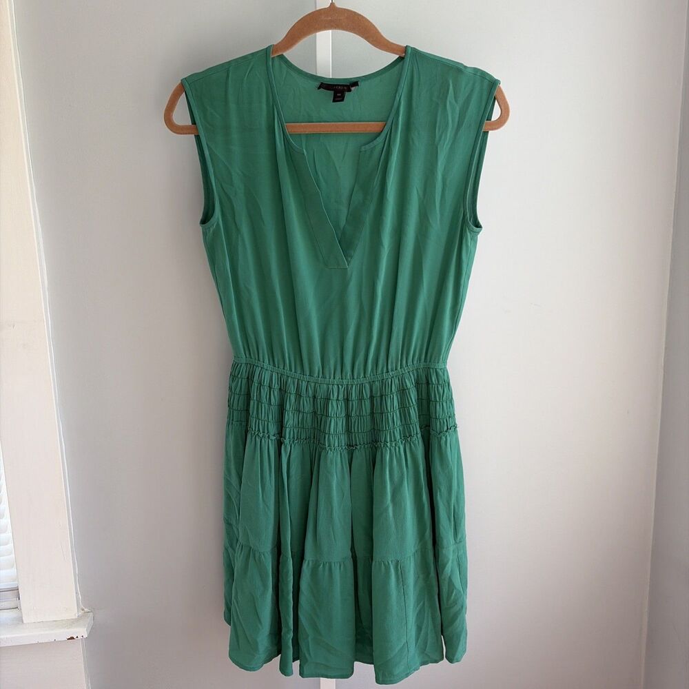 J. Crew Emerald Green Silk Smocked-Waist Dress Size 00
